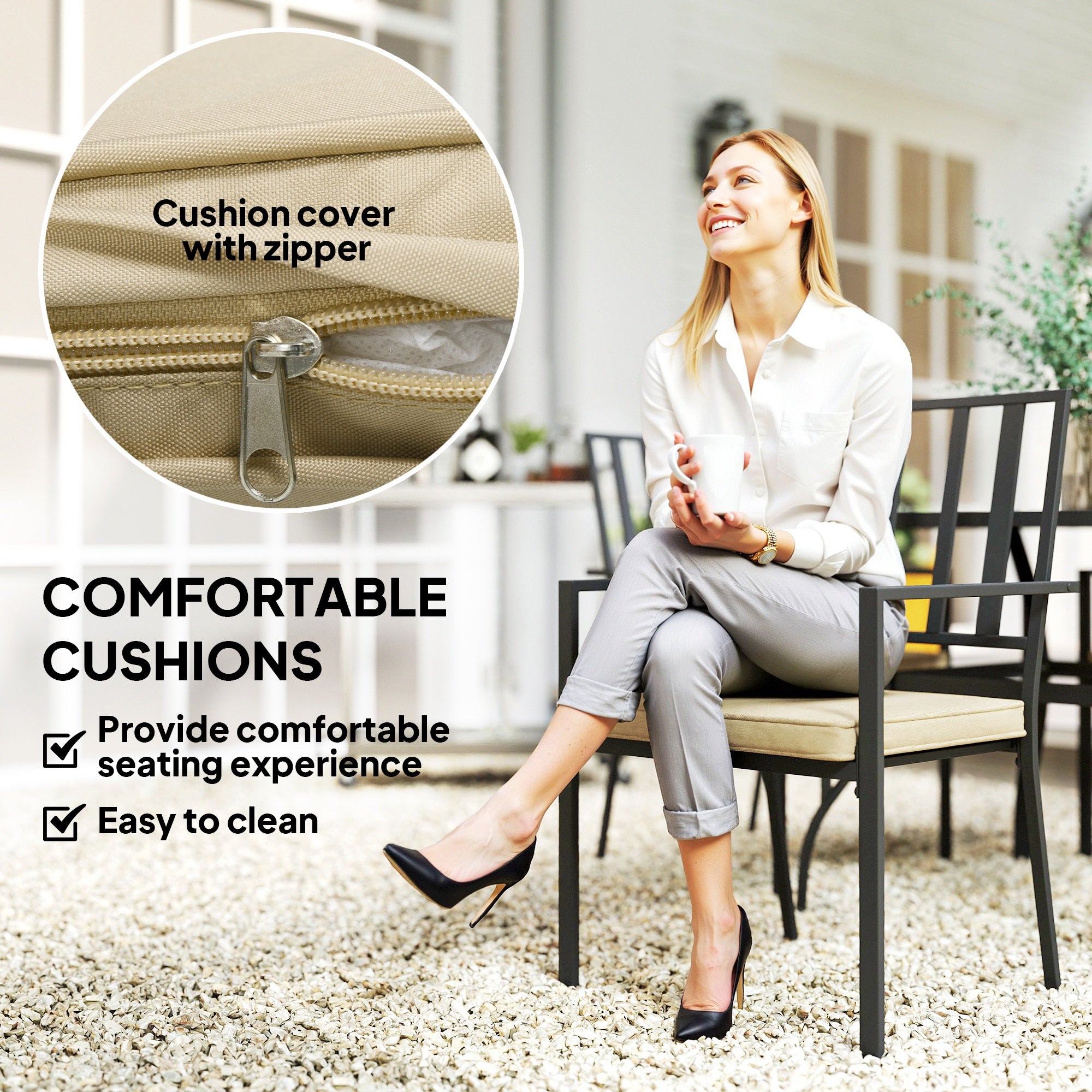 5 Pieces Garden Dining Set with Cushions, Outdoor Patio Table and 4 Stackable Chairs, Metal Top Table with Umbrella Hole, Black