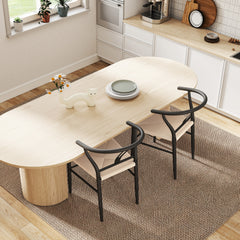 Set of Two Weave Dining Chairs with Y-Shaped Backrest Hemp Seat - Black/Beige