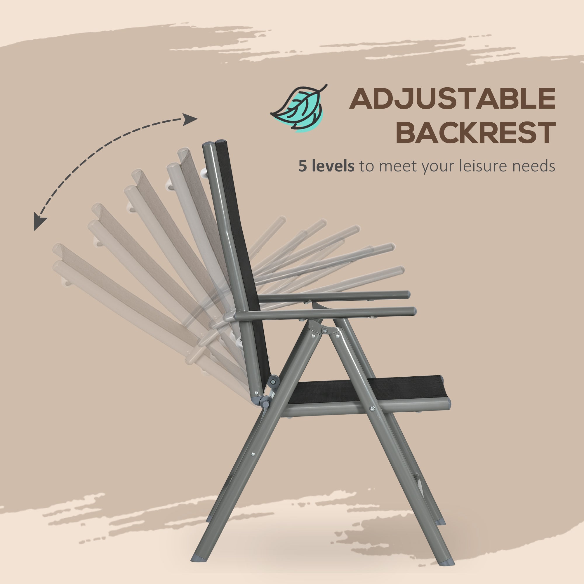 7 Piece Garden Dining Set, Outdoor Table and 6 Folding and Reclining Chairs, Aluminium Frame, Tempered Glass Top Table, Texteline Seats, Black