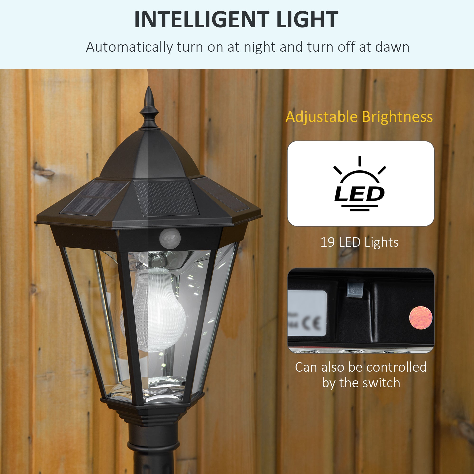 1.9M Garden Lamp Post Light, IP44 Outdoor LED Solar Powered Lantern Lamp with Decorative Bulb, Aluminium Frame for Patio, Pathway and Walkway, Black