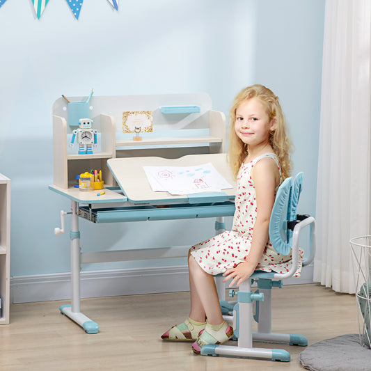 Kids Desk and Chair Set, with Storage Shelves, Washable Cover, for Ages 3-12 Years - Blue
