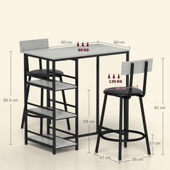 Three-Piece Kitchen Dining Set, with Shelves - Grey/Black
