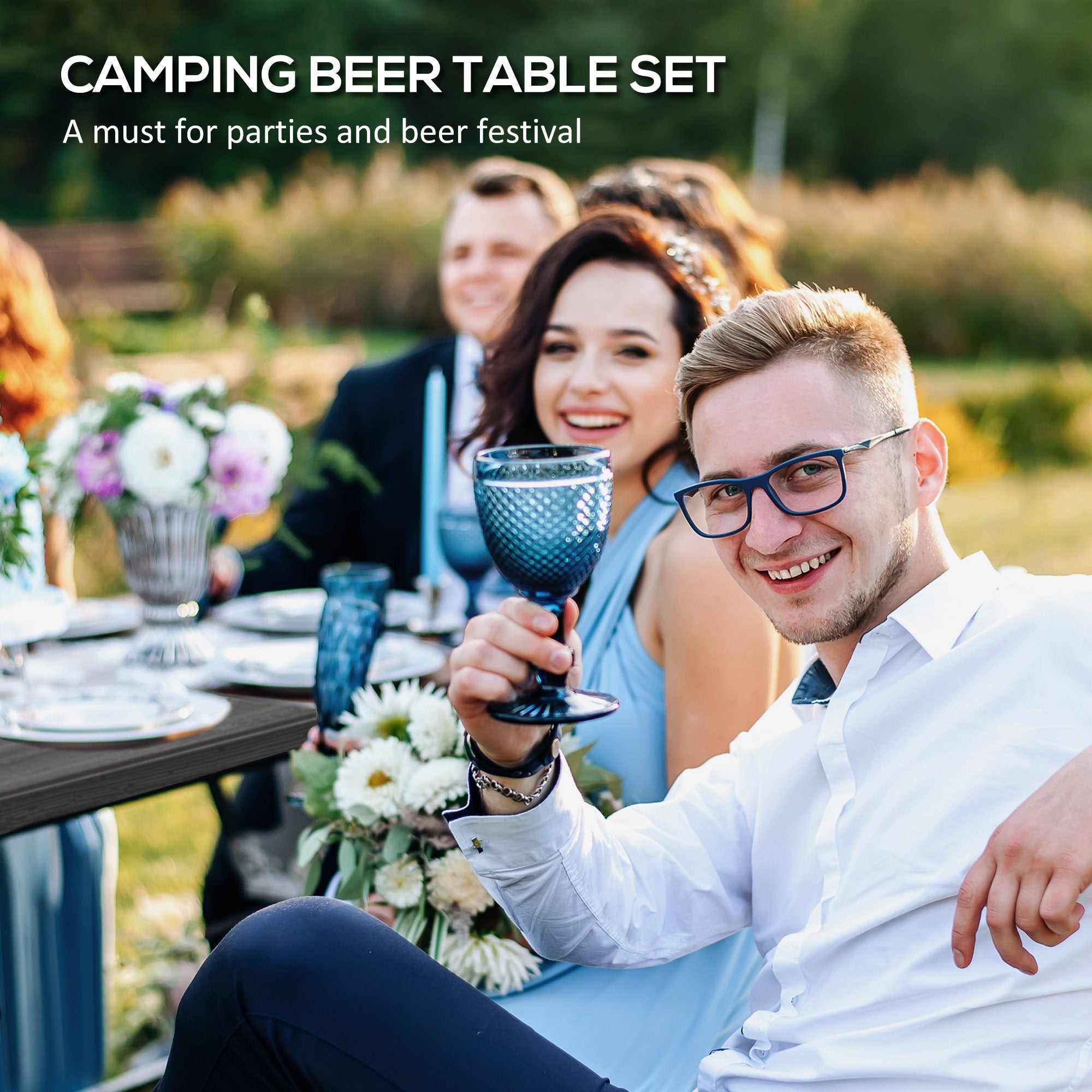 Folding Picnic Table with 2 Benches, 3-Piece Portable Garden Furniture Set for 4, Dining Table Set with Plastic Top, Steel Frame, Dark Grey