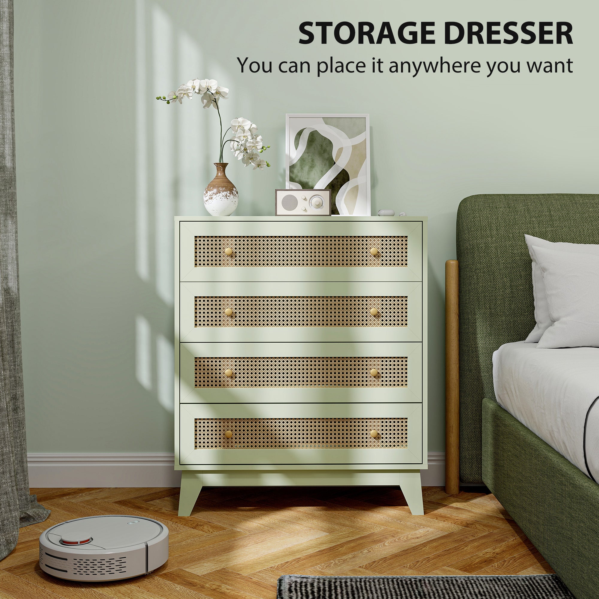 Chest of Drawers, 4-Drawer Storage Organiser Unit with Rattan Element for Bedroom, Living Room, Light Green