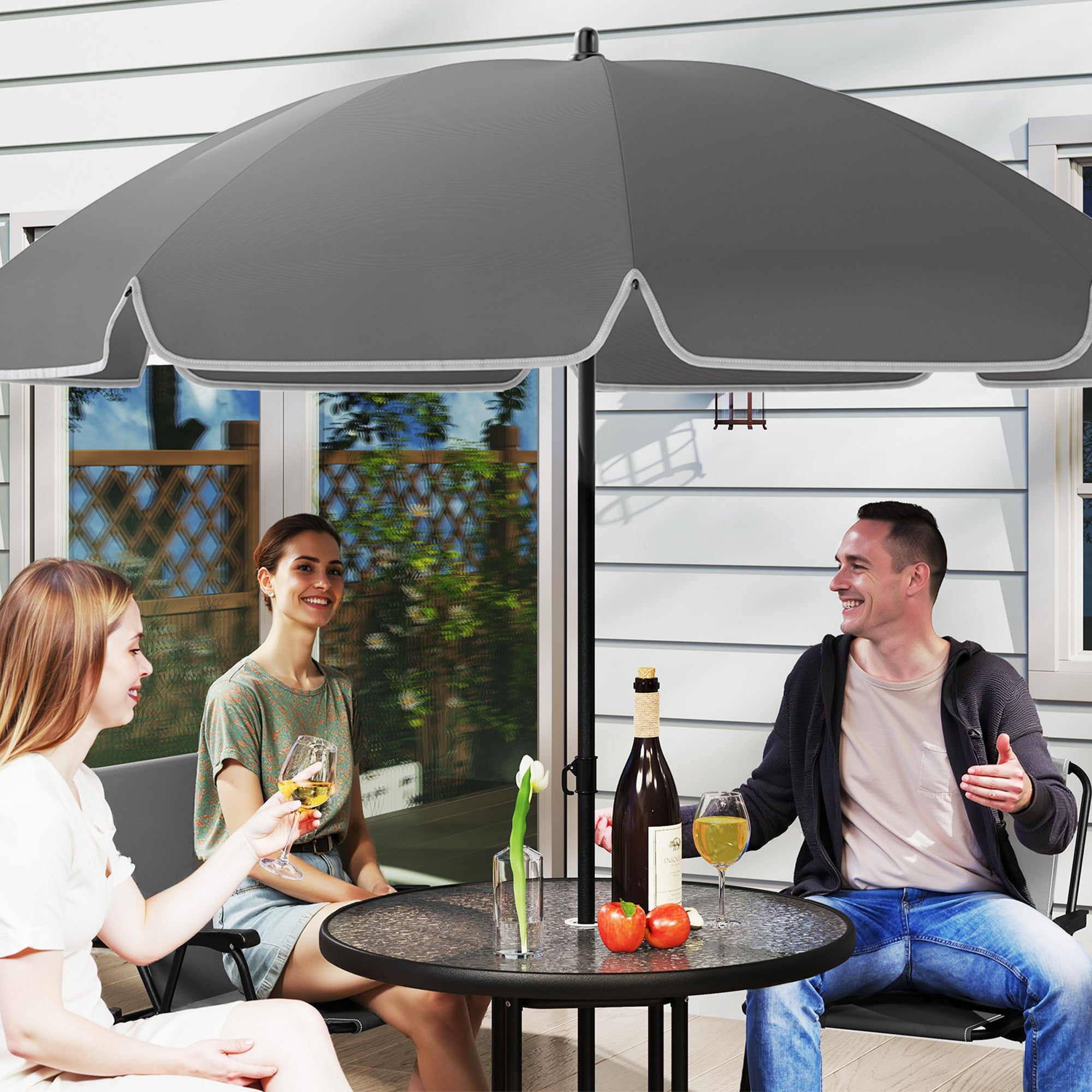 4 Seater Garden Furniture Set, 6 Pieces Garden Table and Chairs with Parasol, Outdoor Garden Dining Set with Folding Chairs and Round Glass Top Table for Patio, Grey