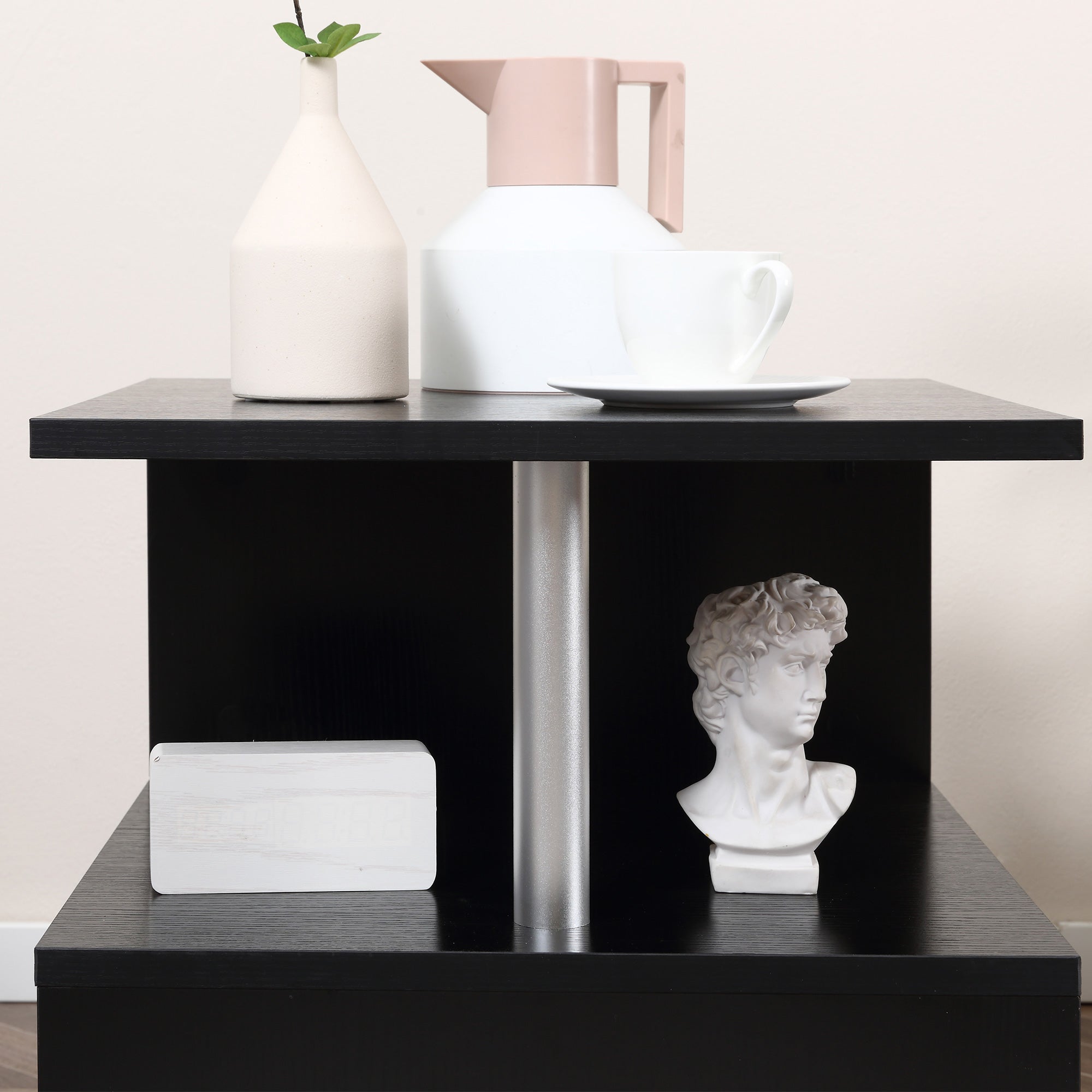 Wooden S Shape Cube Coffee Table 2 Tier Storage Shelves Organiser Office Bookcase Living Room End Desk Stand Display Set of 2 (Black)