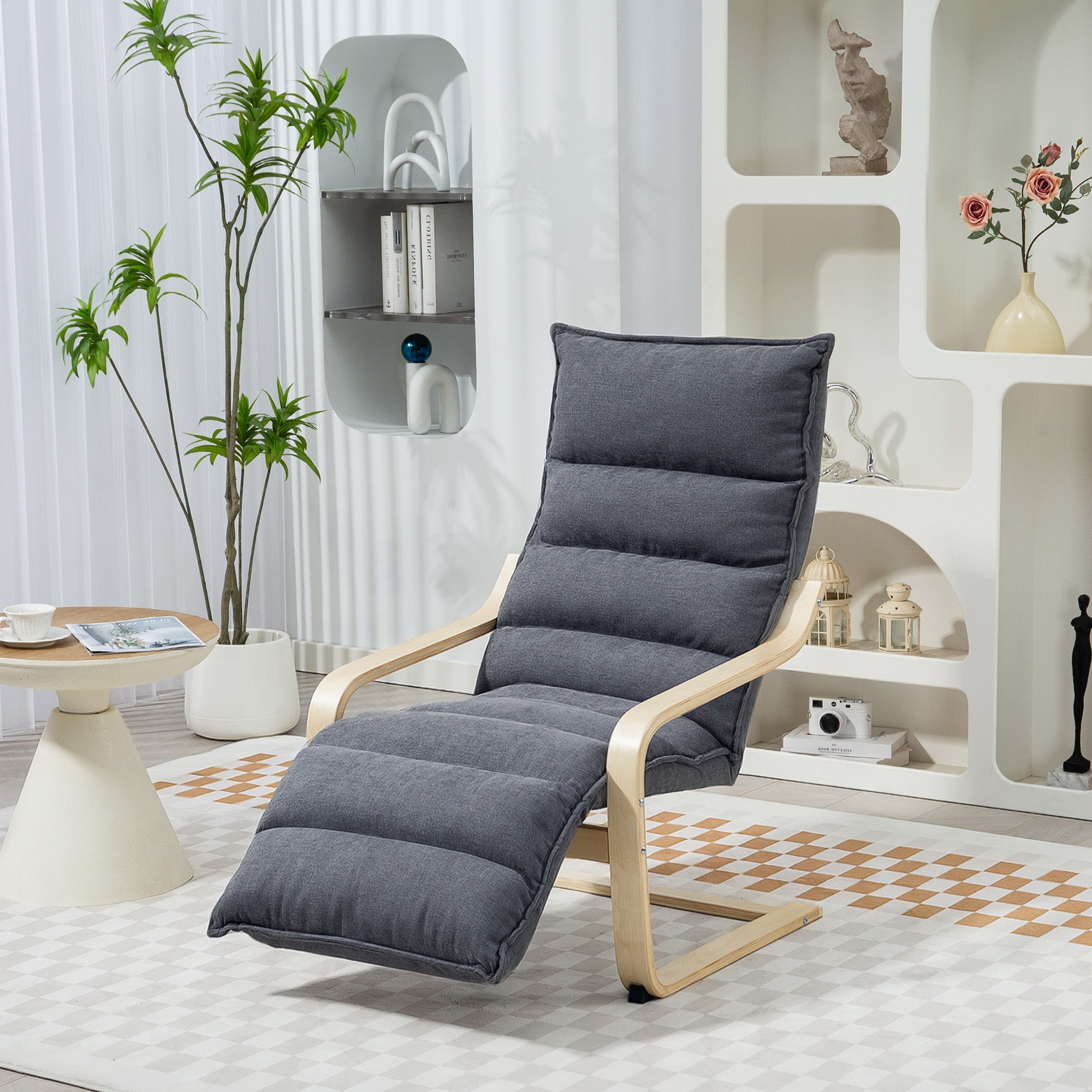 Curved Wooden Accent Chair, with Adjustable Footrest - Drak Grey