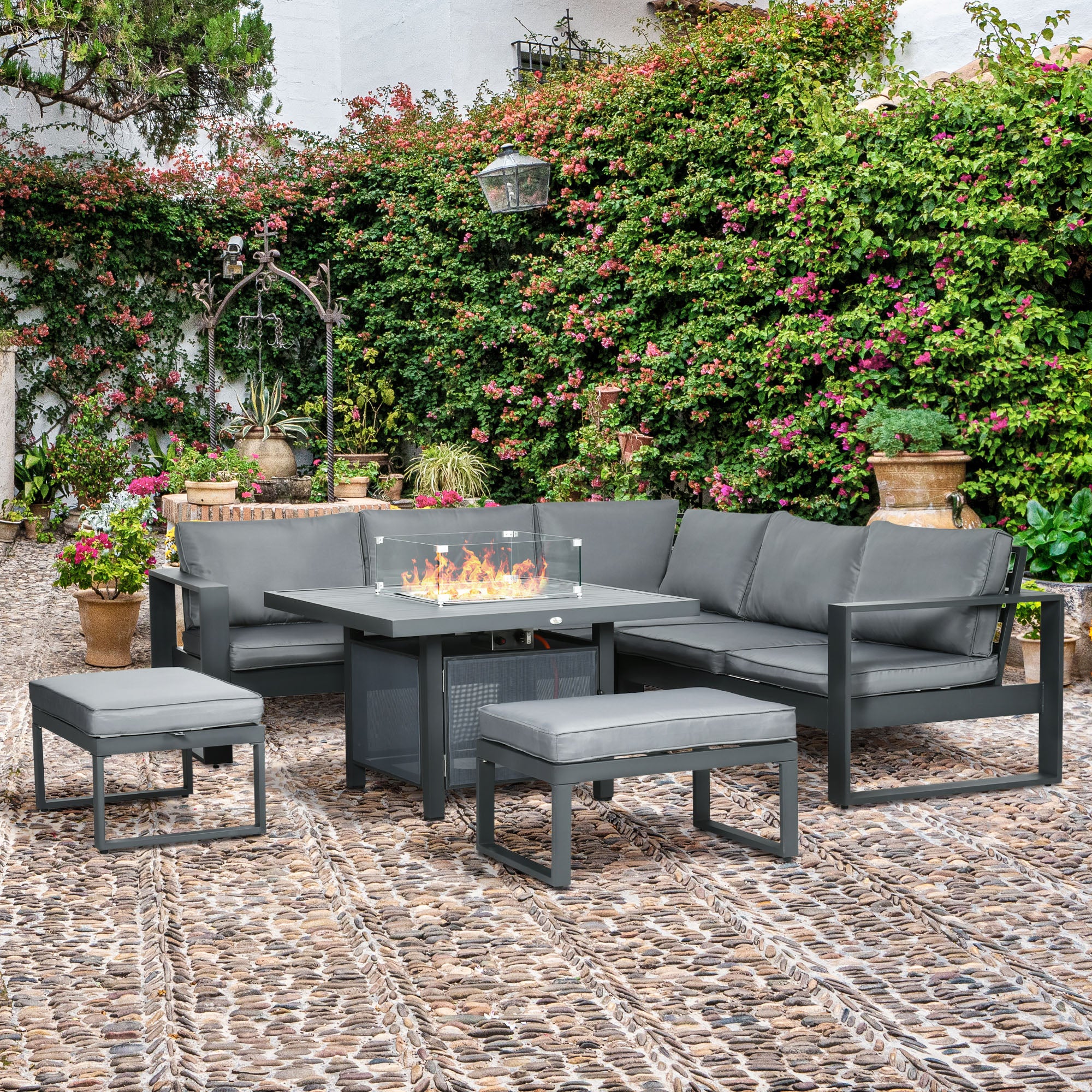 6-Piece Aluminium Garden Furniture Set with Fire Pit Table, Outdoor Dining Sofa Set with Cushions, Loveseats and Footstools, Sectional Corner Conservatory Furniture for Patio, Grey