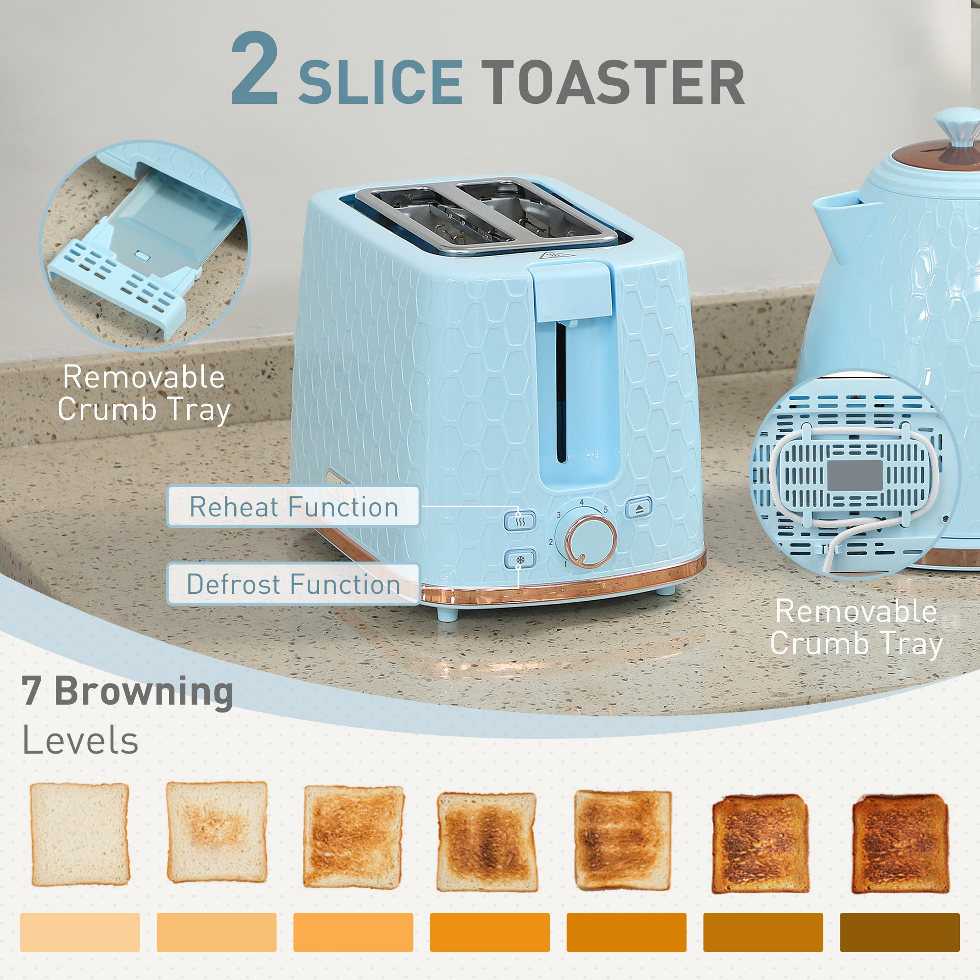 1.7L 3000W Fast Boil Kettle & 2 Slice Toaster Set, Kettle and Toaster Set with Auto Shut Off, Browning Controls, Light Blue