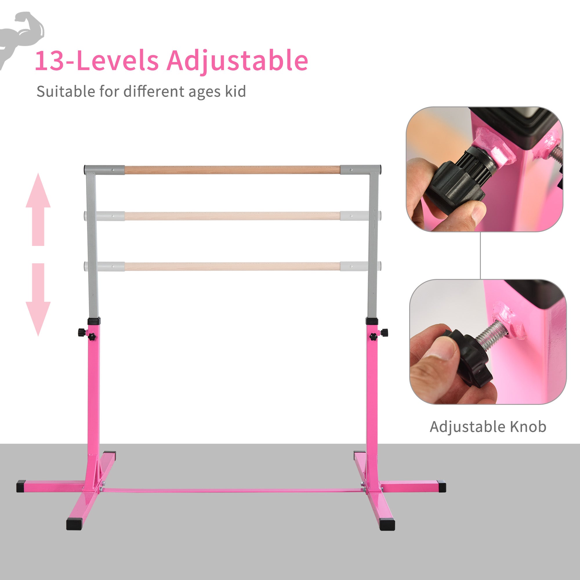 Height Adjustable Gymnastics Horizontal Bar for Kids, Children Junior Kip High Bar Fitness, Pink