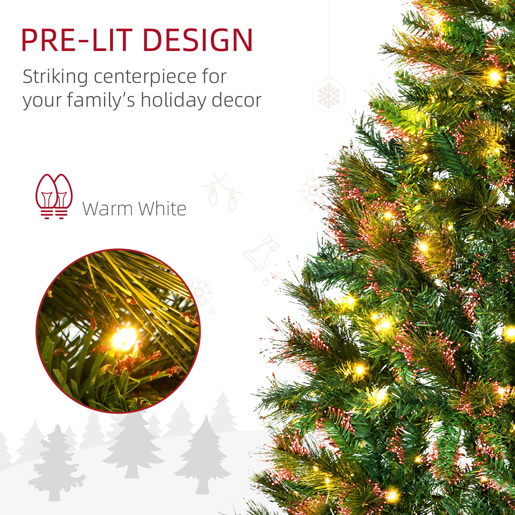 1.5m 5ft Pre-Lit Christmas Tree Artificial Spruce Xmas Tree Warm White LED Holiday Décor with Metal Stand