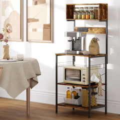 Fynco - Bakers Rack with Power Outlet, USB Charger, Microwave Stand with Adjustable Shelves, 5 Hooks for Small Spaces, Kitchen Storage Unit for Spices, Pots and Pans, Rustic Brown