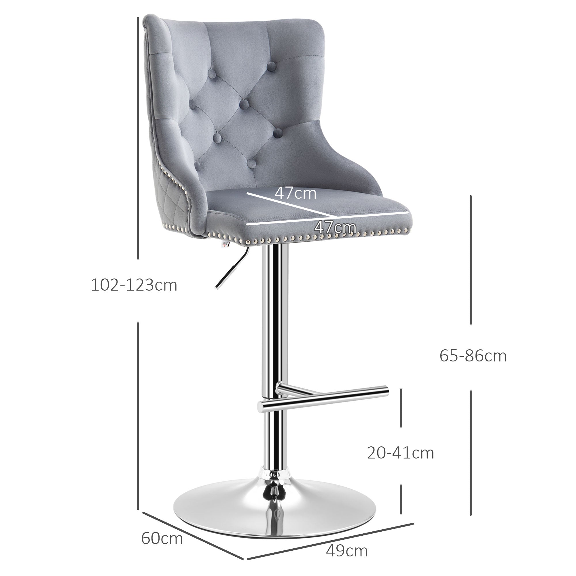 Bar Stools Set of 2, Modern Swivel & Adjustable Velvet Barstools with Button Tufted Back, Footrest, Nailhead Trim for Home Bar, Grey