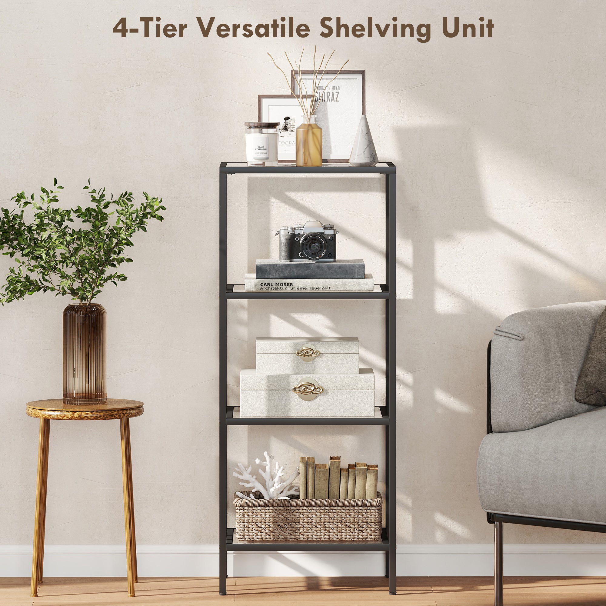 Fynco - 4-Tier Shelving Unit, Glass Shelf, Vertical Storage Shelf for Living Room, Home Office, Bedroom, Bathroom, Black