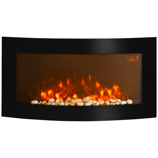 Fynco - Led Wall Mounted Fireplace Curved Glass Electric Fire Place Fire Place 7 Colour Side Lights Slimline, 1000/2000W, 89.2cm x 48cm
