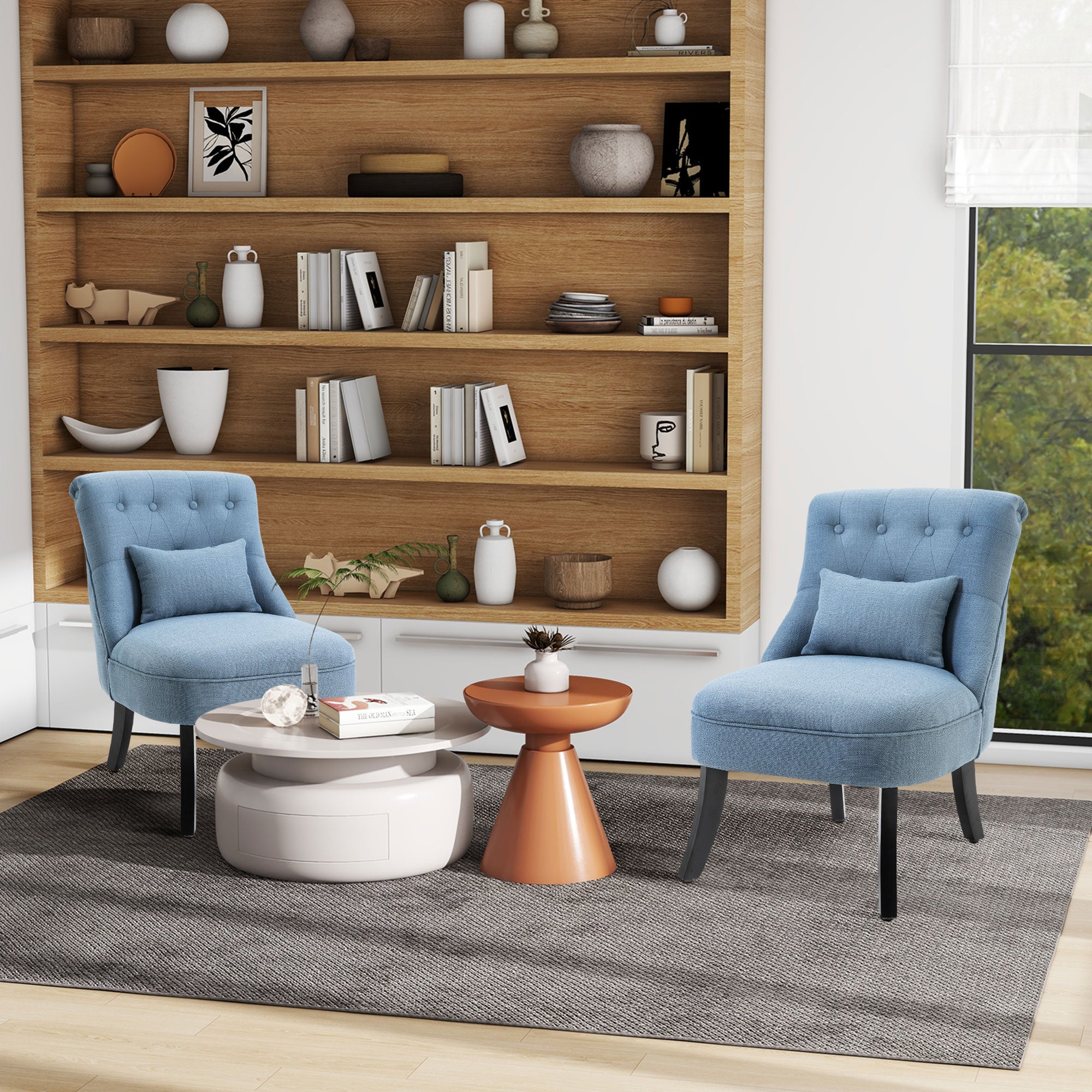Fabric Single Sofa, Tub Chair, Upholstered Bedroom Chair with Pillow, Solid Wood Leg for Home, Living Room, Dining Room, Set of 2, Blue