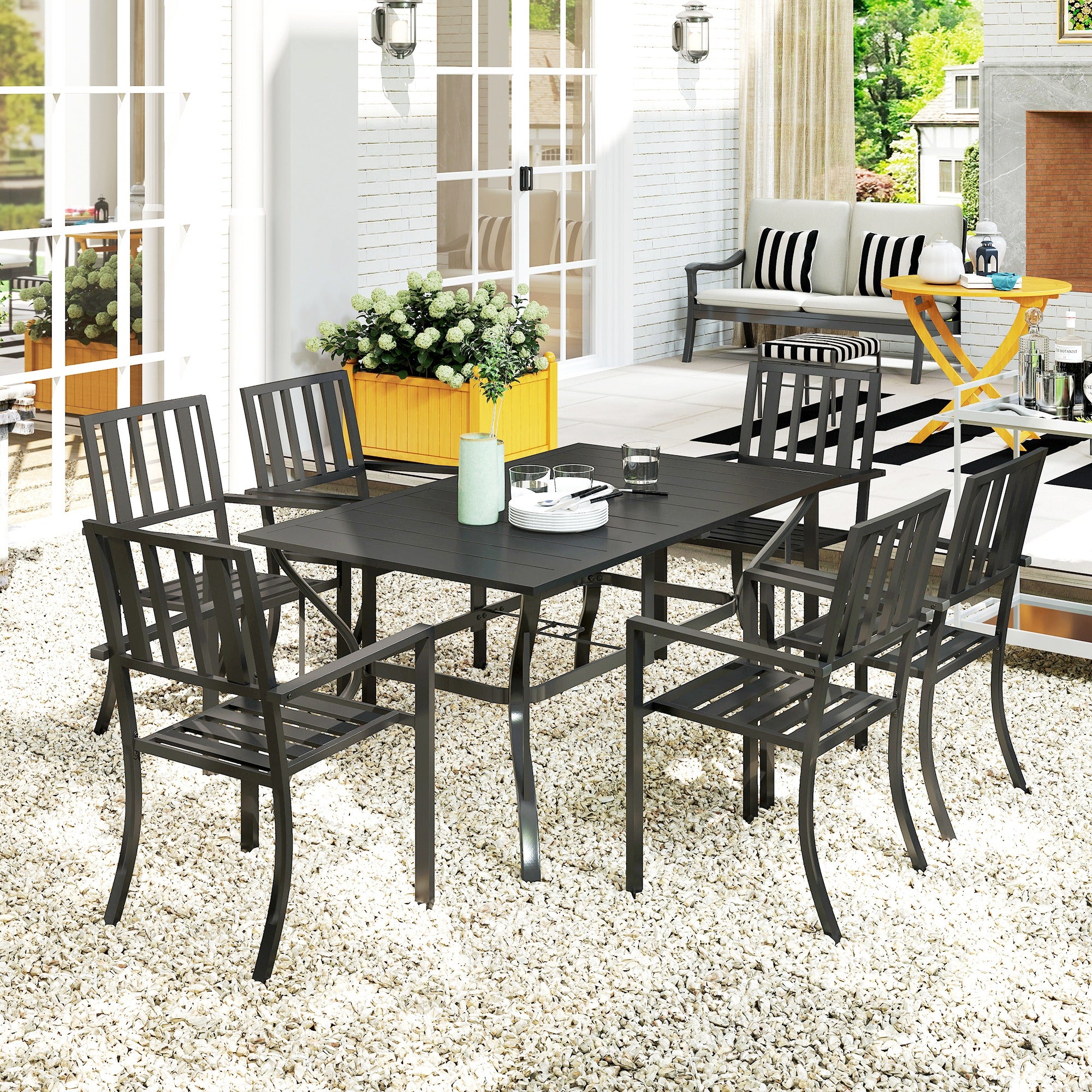 7 Pieces Garden Table and Chairs 6 Seater Outdoor Table and Chairs with Umbrella Hole, for Poolside, Garden, Black