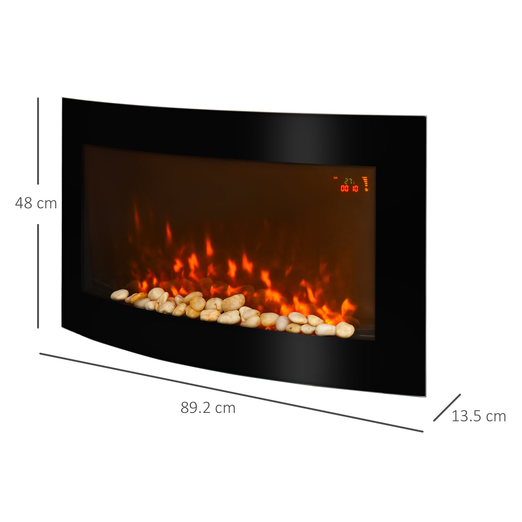 Fynco - Led Wall Mounted Fireplace Curved Glass Electric Fire Place Fire Place 7 Colour Side Lights Slimline, 1000/2000W, 89.2cm x 48cm