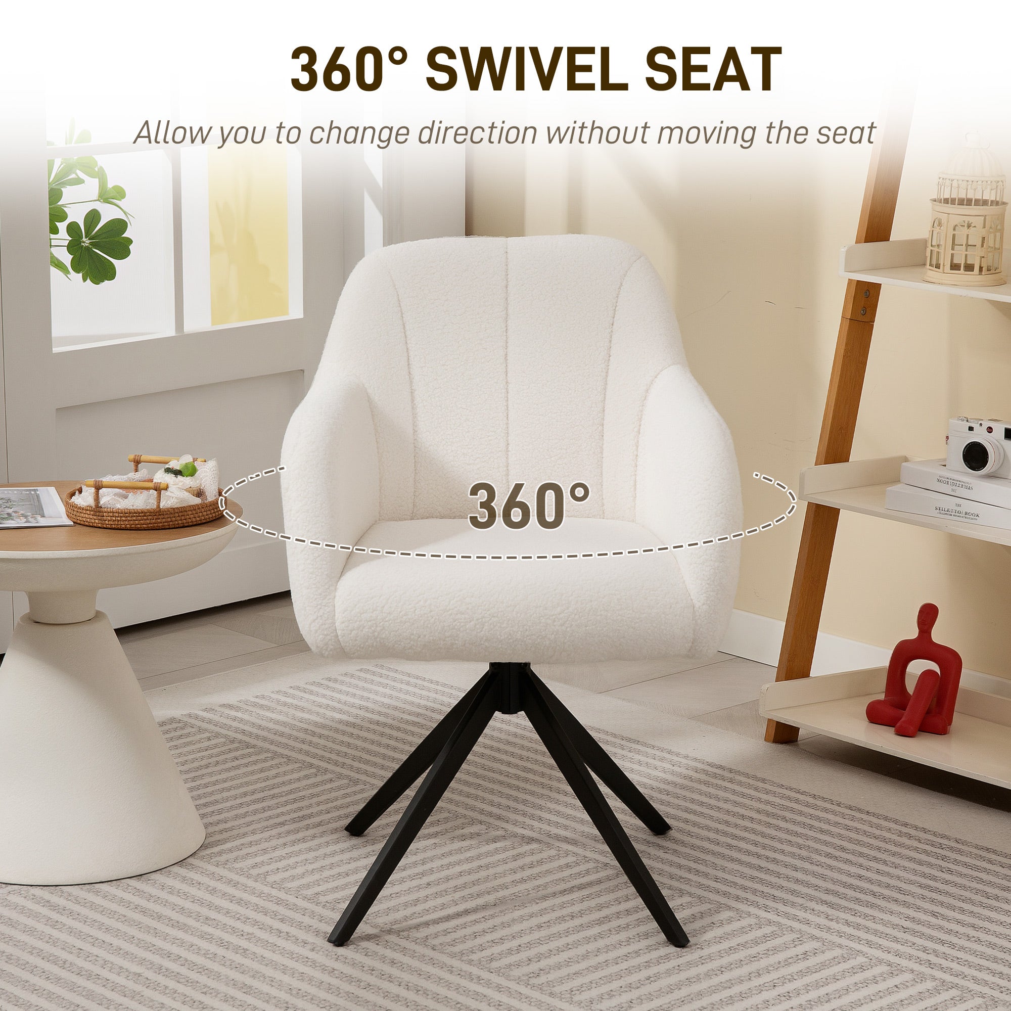 360 Degree Swivel Accent Chair, Teddy Fleece Fabric Armchair, Upholstered Tufted Vanity Chair with Steel Legs for Living Room, Bedroom, Home Office, White
