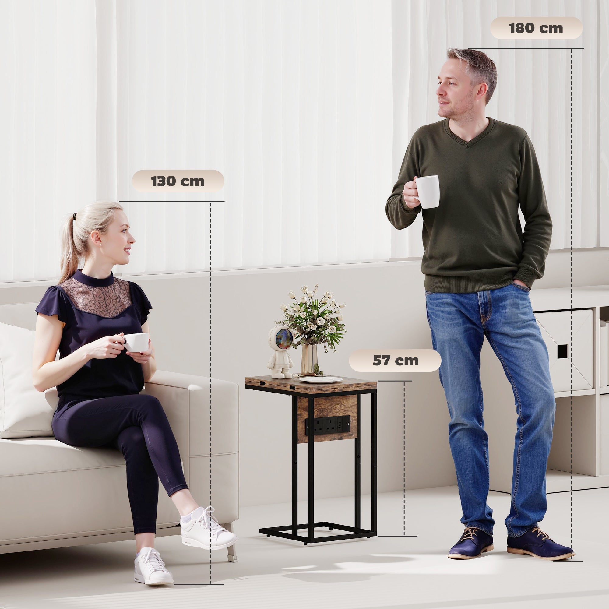 Fynco - C Shaped Side Table with Charging Station and Foldable Top - Rustic Brown