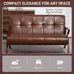 Compact 2 Seater Sofa, Vintage Tufted Loveseat Sofa with Solid Wood Legs, PU Leather Small Couch Settee for Living Room, Bedroom, Home Office, 133 x 81 x 785 cm, Brown