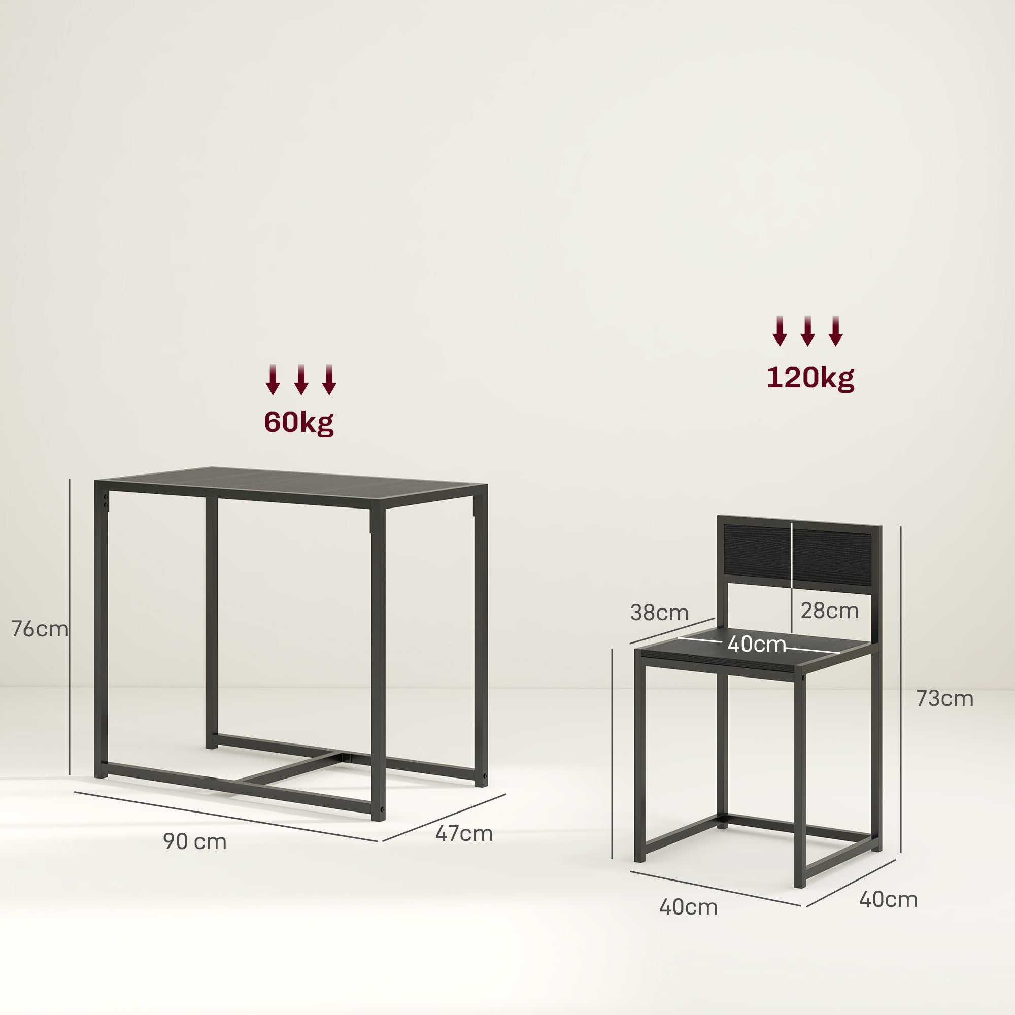 Dining Table and Chairs Set 2, Dining Room Sets, Rectangular Space Saving Table and 2 Chairs for Compact Kitchens, Steel Frame, Black