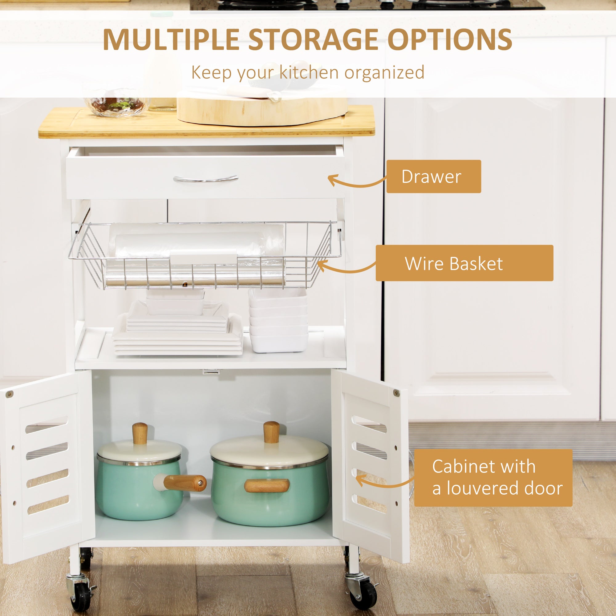 Rolling Kitchen Island Trolley Utility Cart on Wheels with Bamboo Table Top, Storage Cabinet, Drawer and Wire Basket