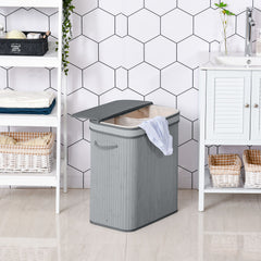 100L Natural Wood Laundry Basket A Compartment w/Flip Lid Removable Lining Handles Board Base Foldable Durable Water-Resistant Dirty Clothes Storage Home Organisation Grey