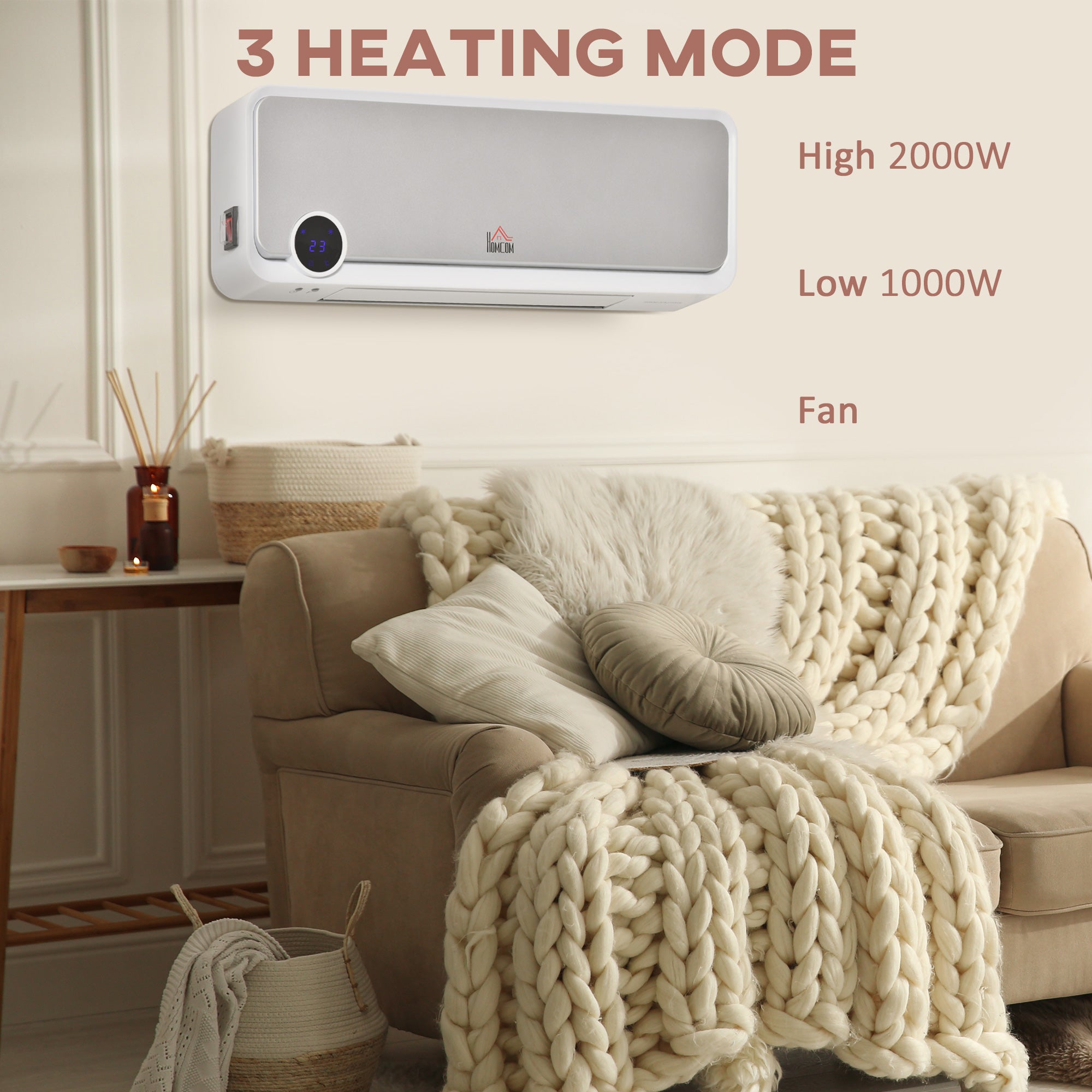Fynco - Wall Downflow Heater 2 Heat and Fan 1000W/2000W, Electric Space Heater with Timer Remote Oscillating, for Bedroom Home Office, White and Silver