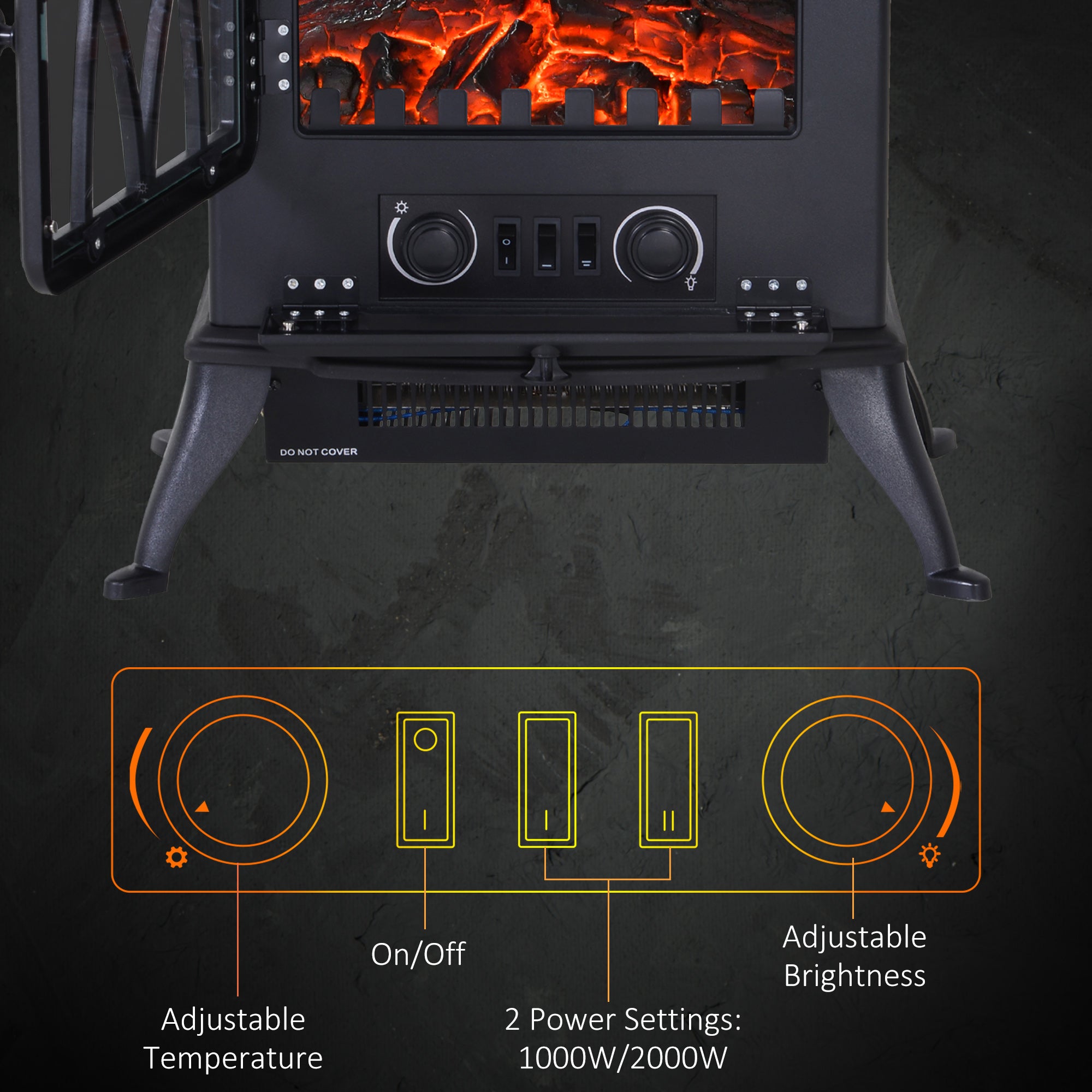 Fynco - Electric Stove Heater with Realistic Flame Effect, 2000W Portable Indoor Freestanding Electric Fireplace with Adjustable Thermostat, Black