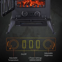 Fynco - Electric Stove Heater with Realistic Flame Effect, 2000W Portable Indoor Freestanding Electric Fireplace with Adjustable Thermostat, Black