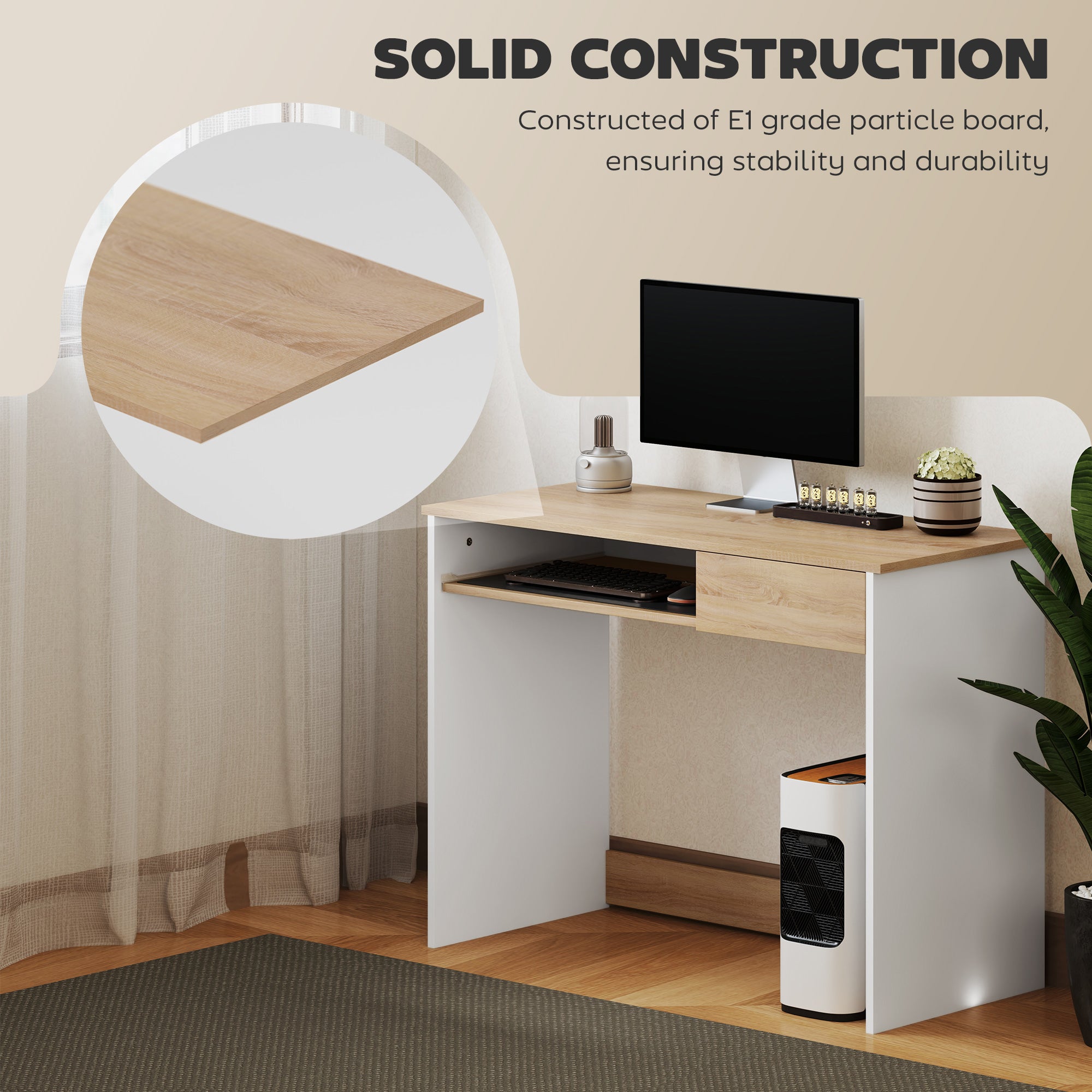 100cm Compact Computer Desk with Keyboard Tray, Home Office Desk with Drawer for Bedroom Study, Oak
