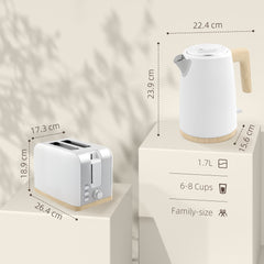 Kettle and Toaster Set, 1.7L 3000W Fast Boil Kettle & 2 Slice Toaster Kitchen Set with 7 Level Browning Controls, Defrost, Reheat, Auto Off, Boil-dry Protection, White