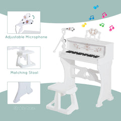 37 Keys Kids Piano Mini Electronic Keyboard Light Kids Musical Instrument Educational Game Children Grand Piano Toy Set w/Stool & Microphone & Music Stand (White)