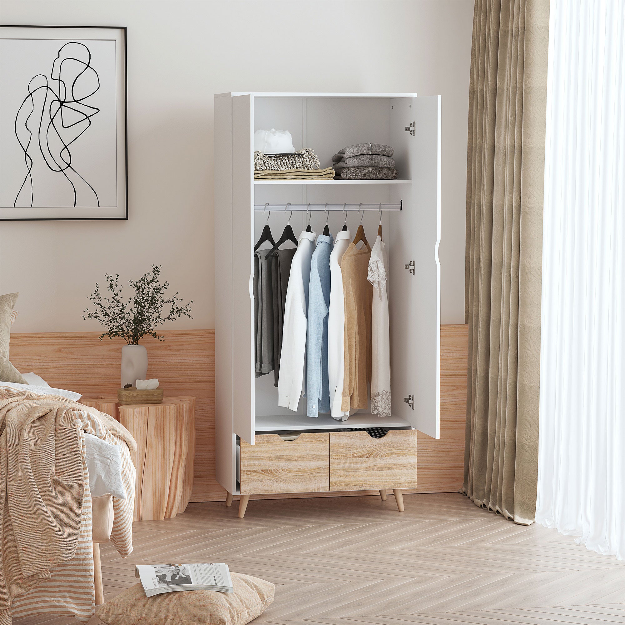 2-Door Clothes Wardrobe w/ Rail Shelf 2 Drawers Wood Feet Elegant Home Storage Organisation Furniture Dresses Coats Blankets Shoes White