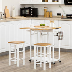 Fynco - Kitchen Island Set with 2 Stools, Bamboo Breakfast Cart with Drop Leaf Top, Drawers and Towel Rack, Rolling Kitchen Cart and Chairs Set, White