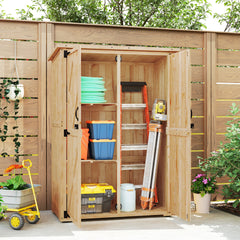 Fynco - Wooden Garden Storage Shed, Tool Storage Cabinet with Asphalt Roof and 2 Shelves for Garden Tools, Equipment, Outdoor Tool Shed with Double Doors, Natural