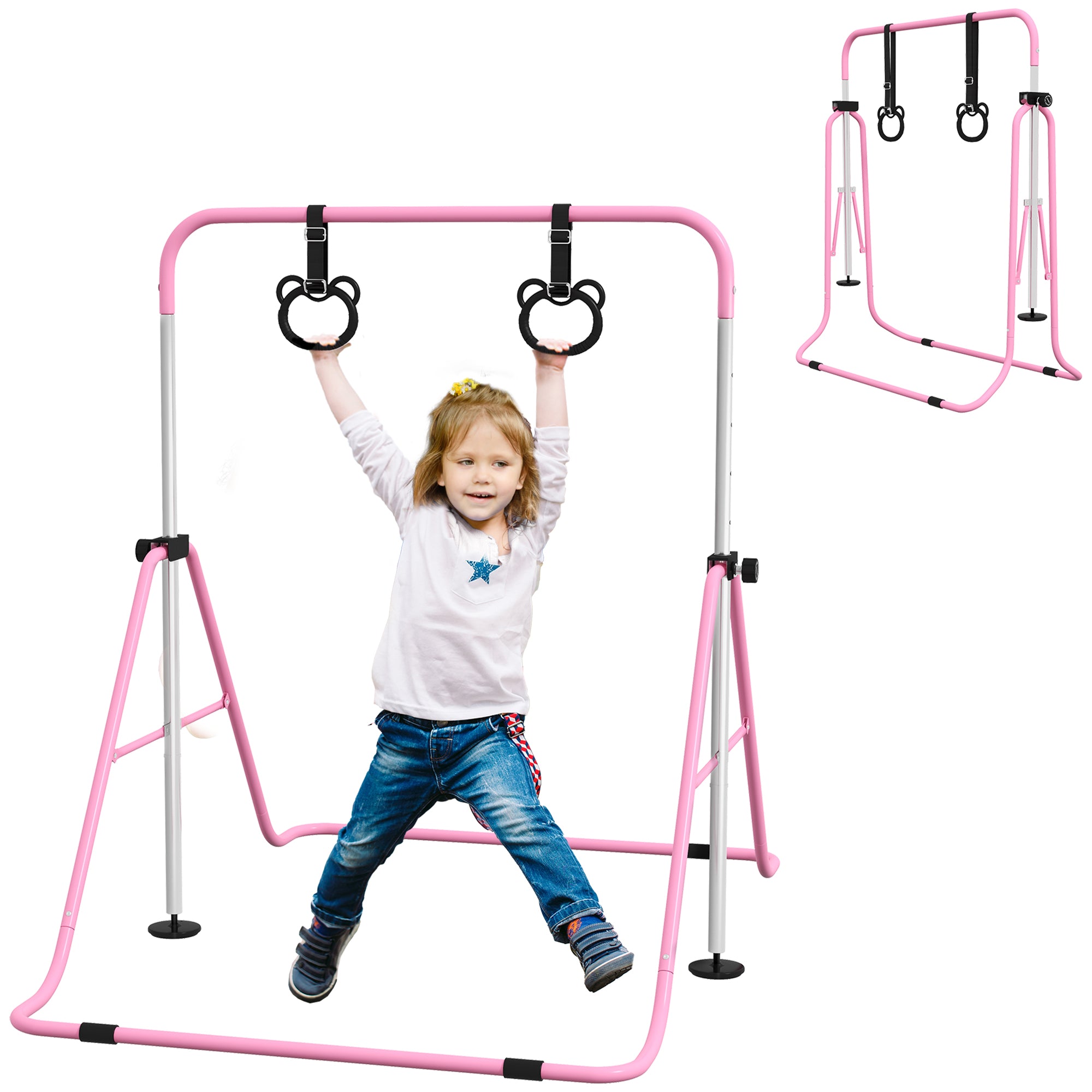 Adjustable Height, Foldable Kids Gymnastics Bar w/ Non-slip Rubber Floor Rings, for 3+ Years, Pink