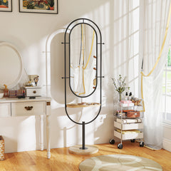 Oval Full Length Mirror with Wooden Tray and 4 Hooks - Black