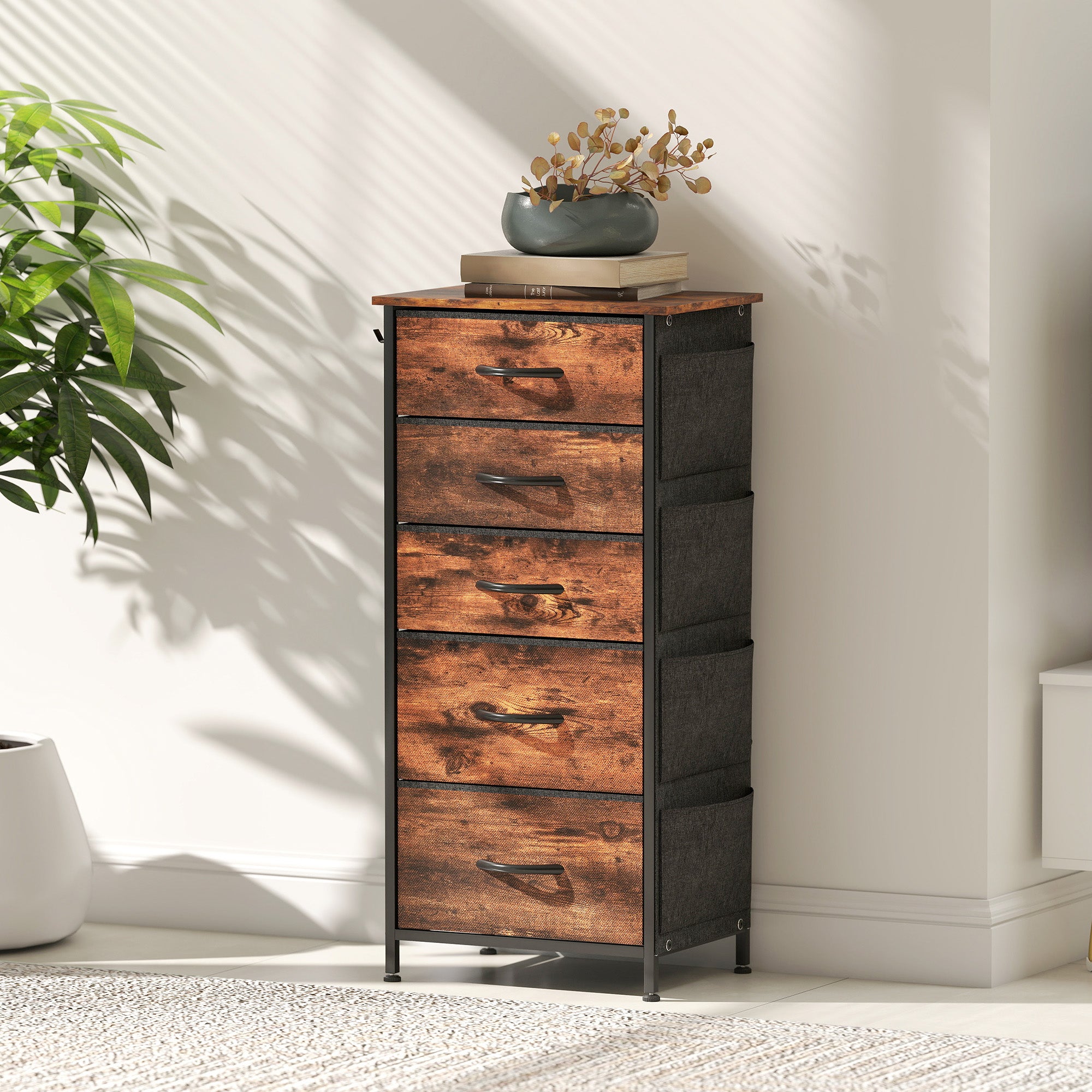 Chest of Five Fabric Drawers - Rustic Brown