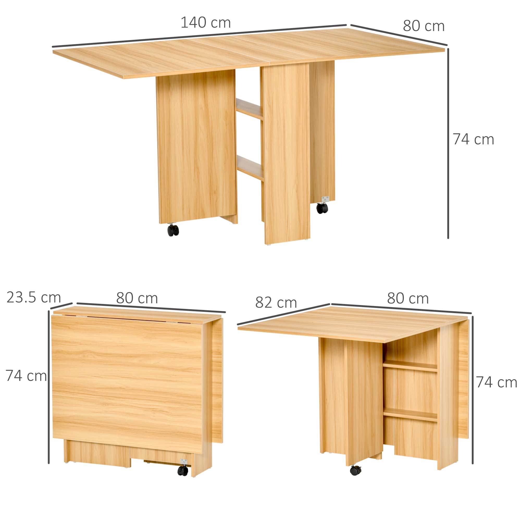 Fynco - Folding Dining Table, Drop Leaf Table for Small Spaces, Foldable Rectangular Tabletop with Storage Shelves for Kitchen, Dining Room, Teak