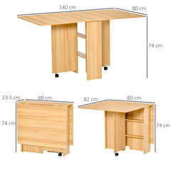 Fynco - Folding Dining Table, Drop Leaf Table for Small Spaces, Foldable Rectangular Tabletop with Storage Shelves for Kitchen, Dining Room, Teak