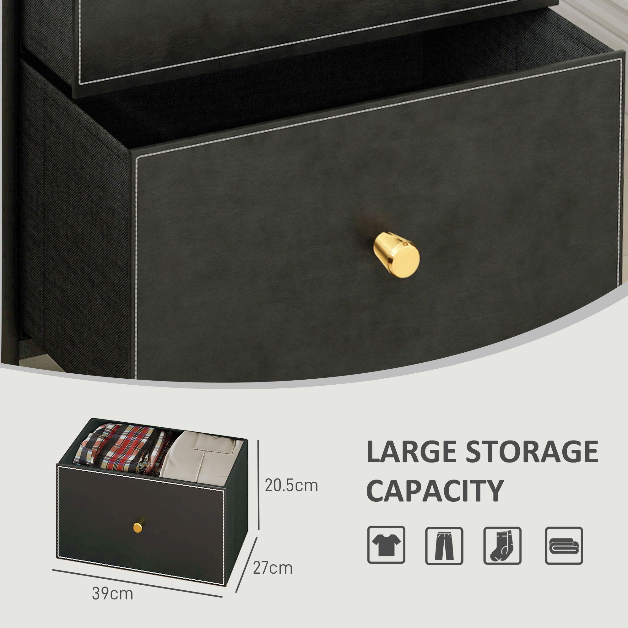 Faux Leather Front Chest of Three Drawers - Black