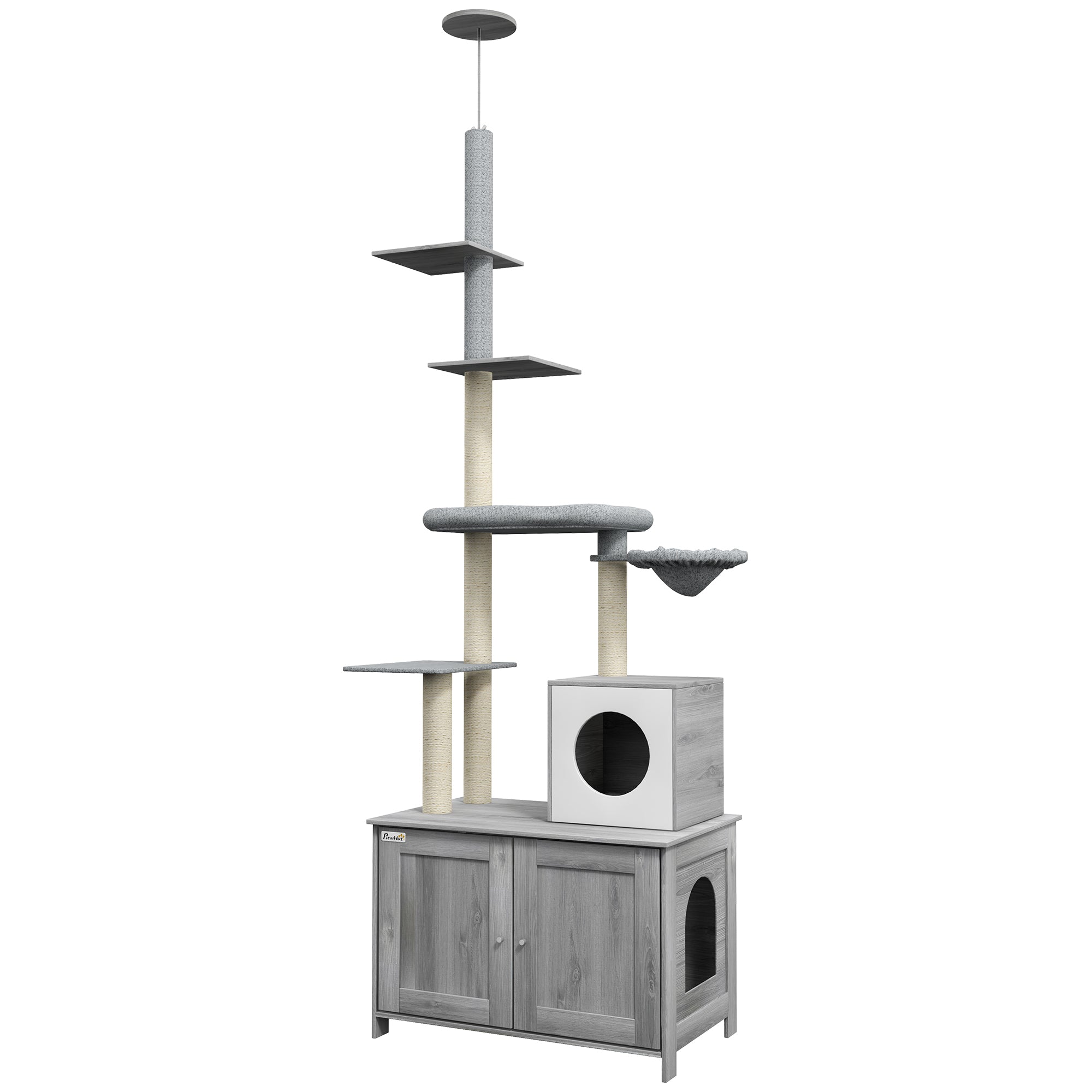 2-in-1 Floor-To-Ceiling Cat Tree with Hidden Litter Box, for Indoor Use - Grey