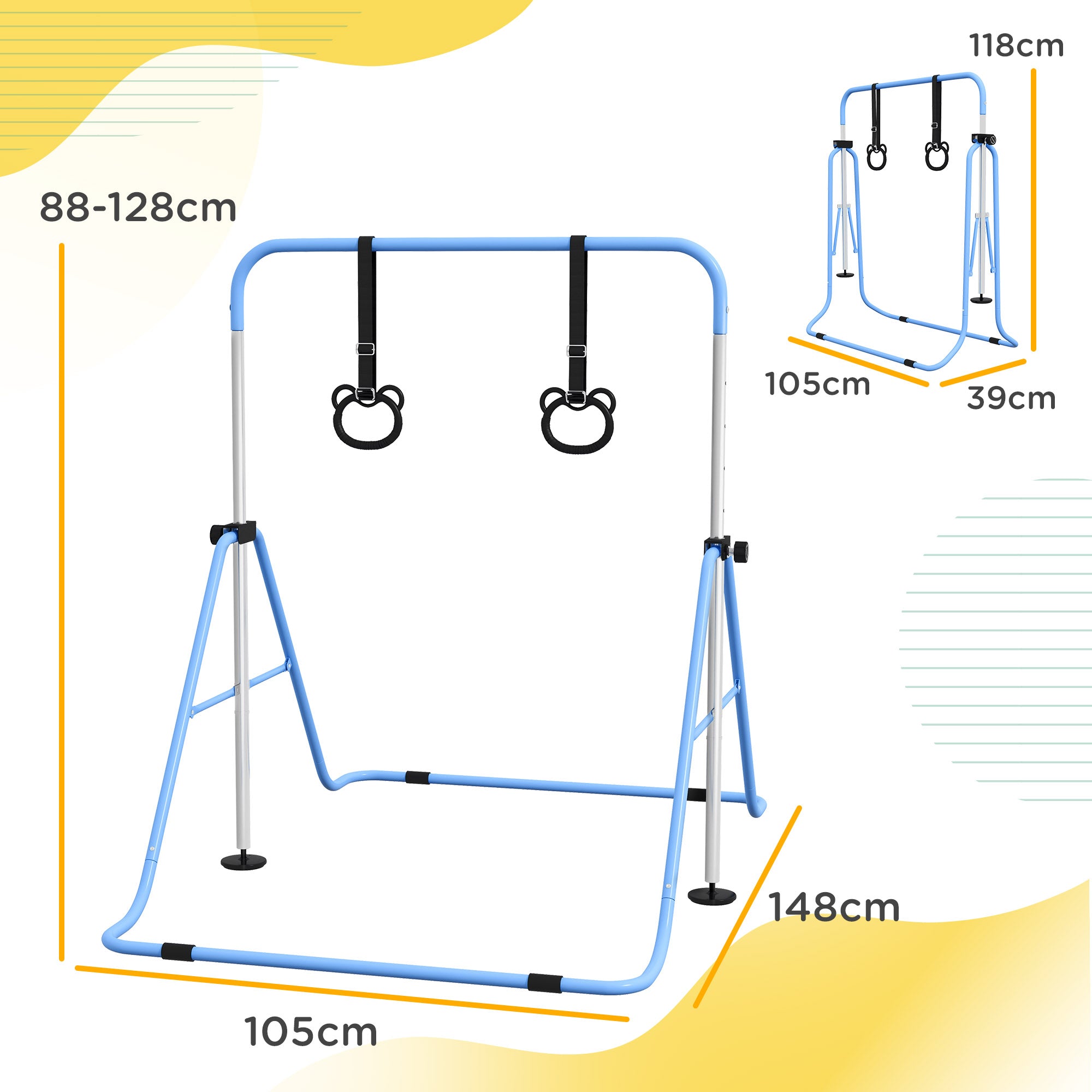Adjustable Height, Foldable Kids Gymnastics Bar w/ Non-slip Rubber Floor Rings, for 3+ Years, Blue