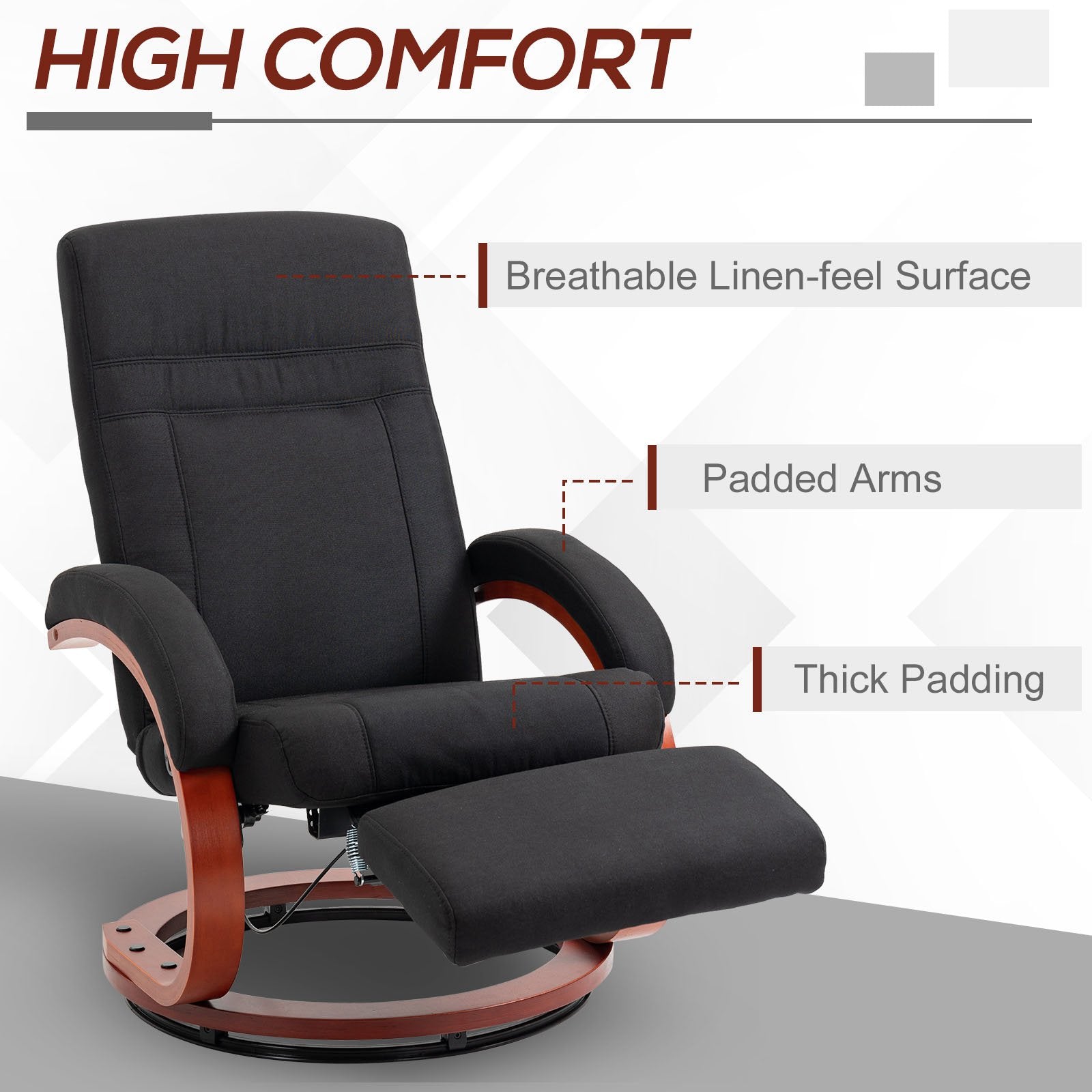 Fynco - 135° Manual Reclining Swivel Chair, with Footrest - Black