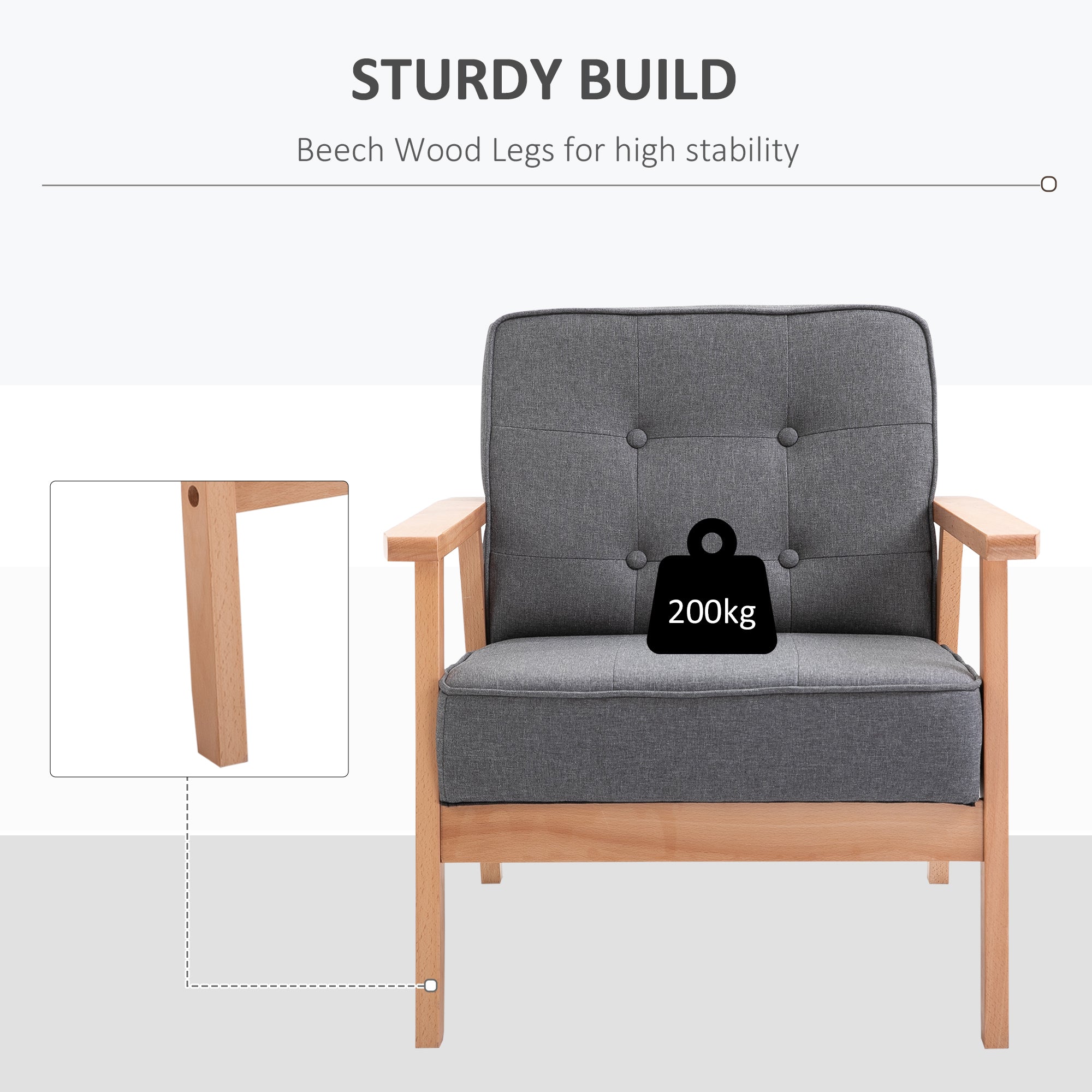Armchair, Linen Fabric Accent Chair, Occasional Chair with Beech Wood Frame for Living Room, Reception, Bedroom, Balcony, Set of 2, Grey and Natural