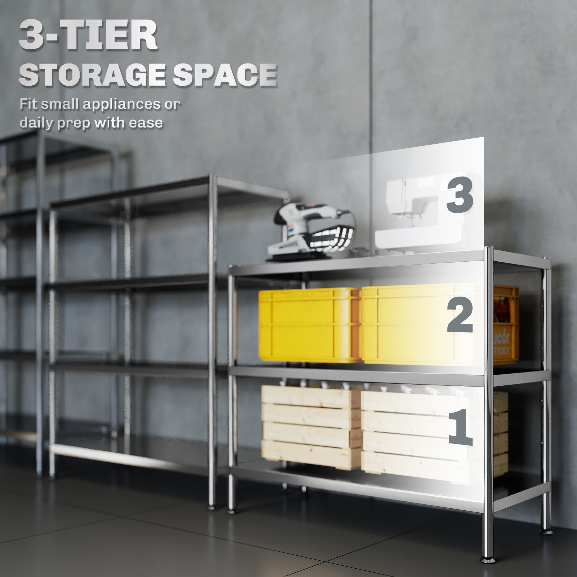 Fynco - 3-Tier Bakers Rack with Storage, Stainless Steel Microwave Stand with Adjustable Shelves for Small Spaces, Kitchen Storage Unit for Spices, Pots and Pans, Silver Tone