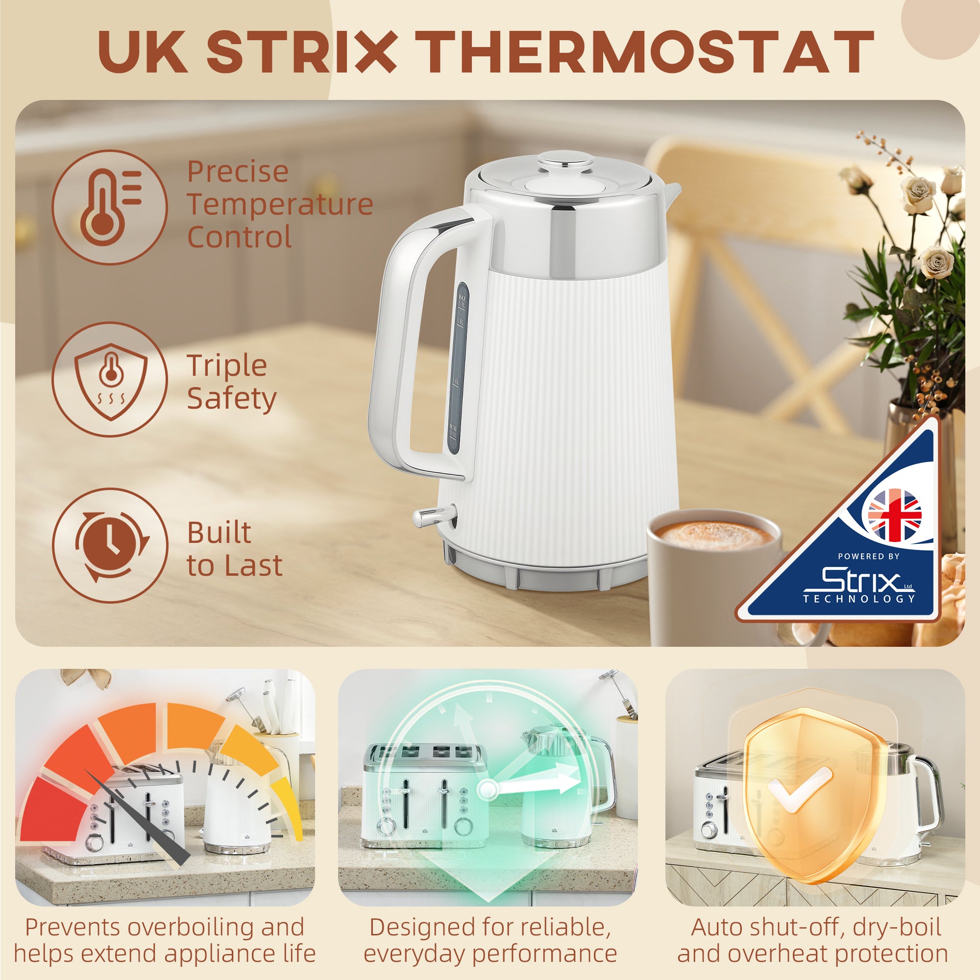 Electric Kettle and Toaster Set, 3000W 1.7L UK Strix Thermostat Rapid Boil Jug Kettle with Limescale Filter, Cool Touch Body, 4 Slice Toaster with 7 Browning Controls, Crumb Tray, White