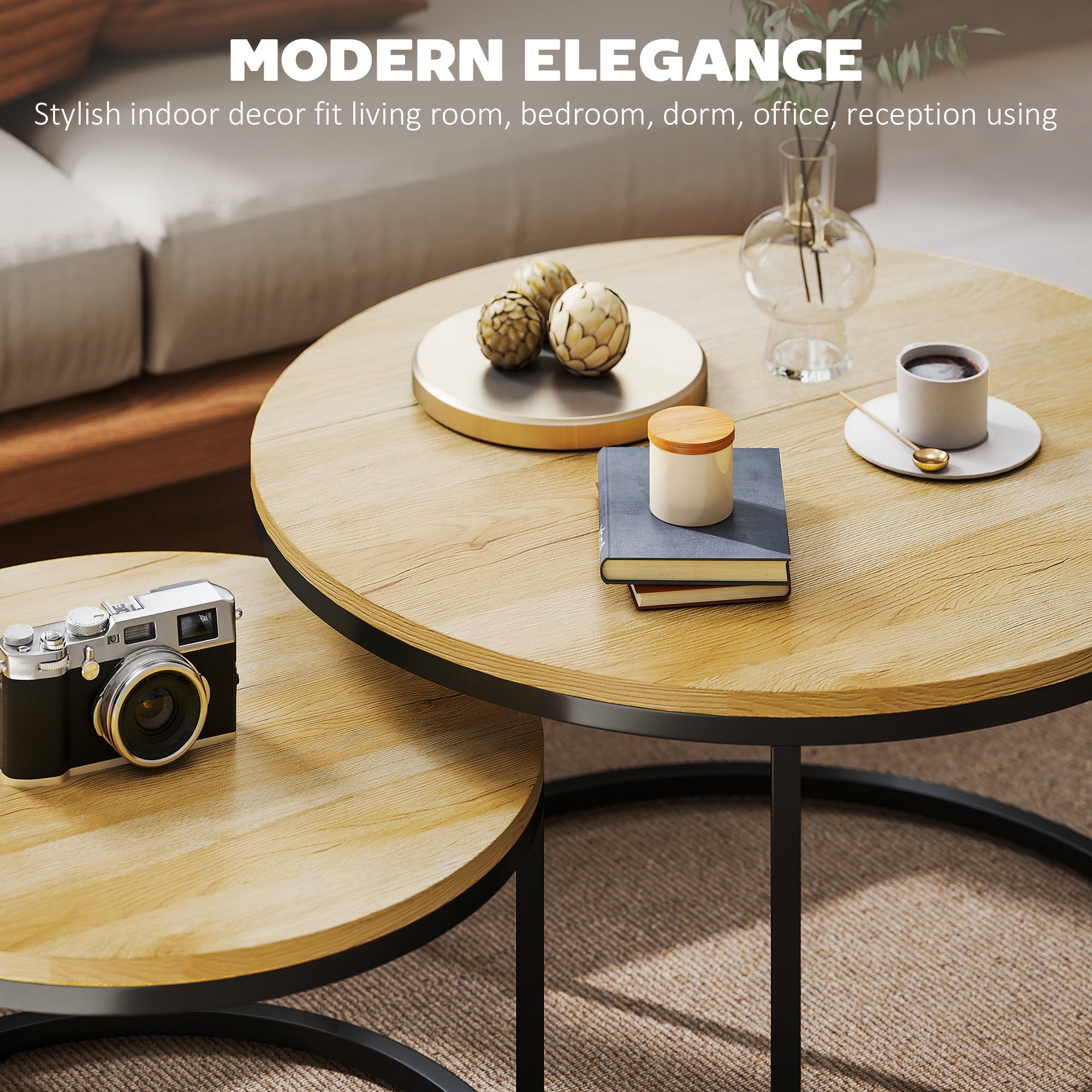 Fynco - Set of Two Wood-Effect Stacking Tables - Natural